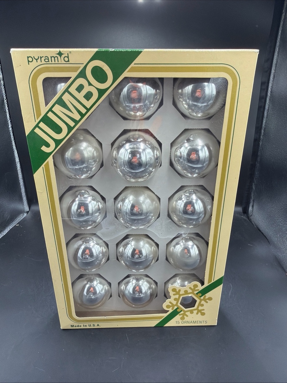 Vintage Pyramid Rauch Box of 15 Silver Glass Ornaments 1.75” Made In USA